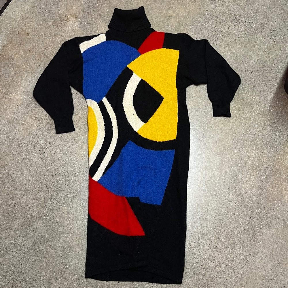 Abstract Color Block Turtleneck Dress
